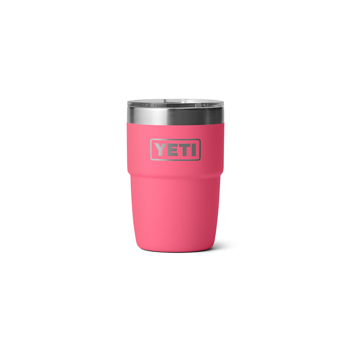 Der YETI® Stapelbarer Becher Rambler 8 Oz in Tropical Pink mit silbernem Edelstahl-Deckel steht aufrecht vor weißem Hintergrund - der optimale vakuumisolierte Becher für heiße und kalte Getränke.