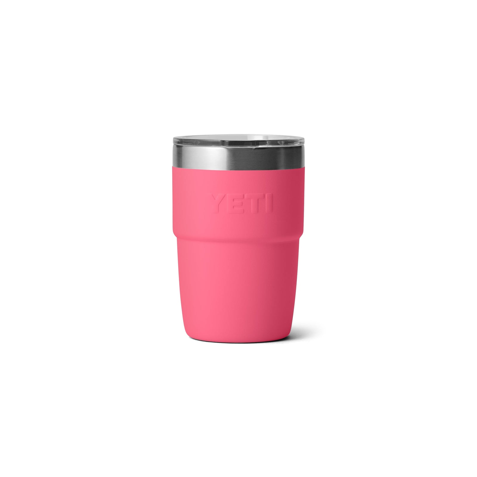 Ein YETI® Stapelbarer Becher Rambler 8 Oz in Tropical Pink mit vakuumisoliertem Edelstahl-Design steht aufrecht vor schlichtem weißem Hintergrund.