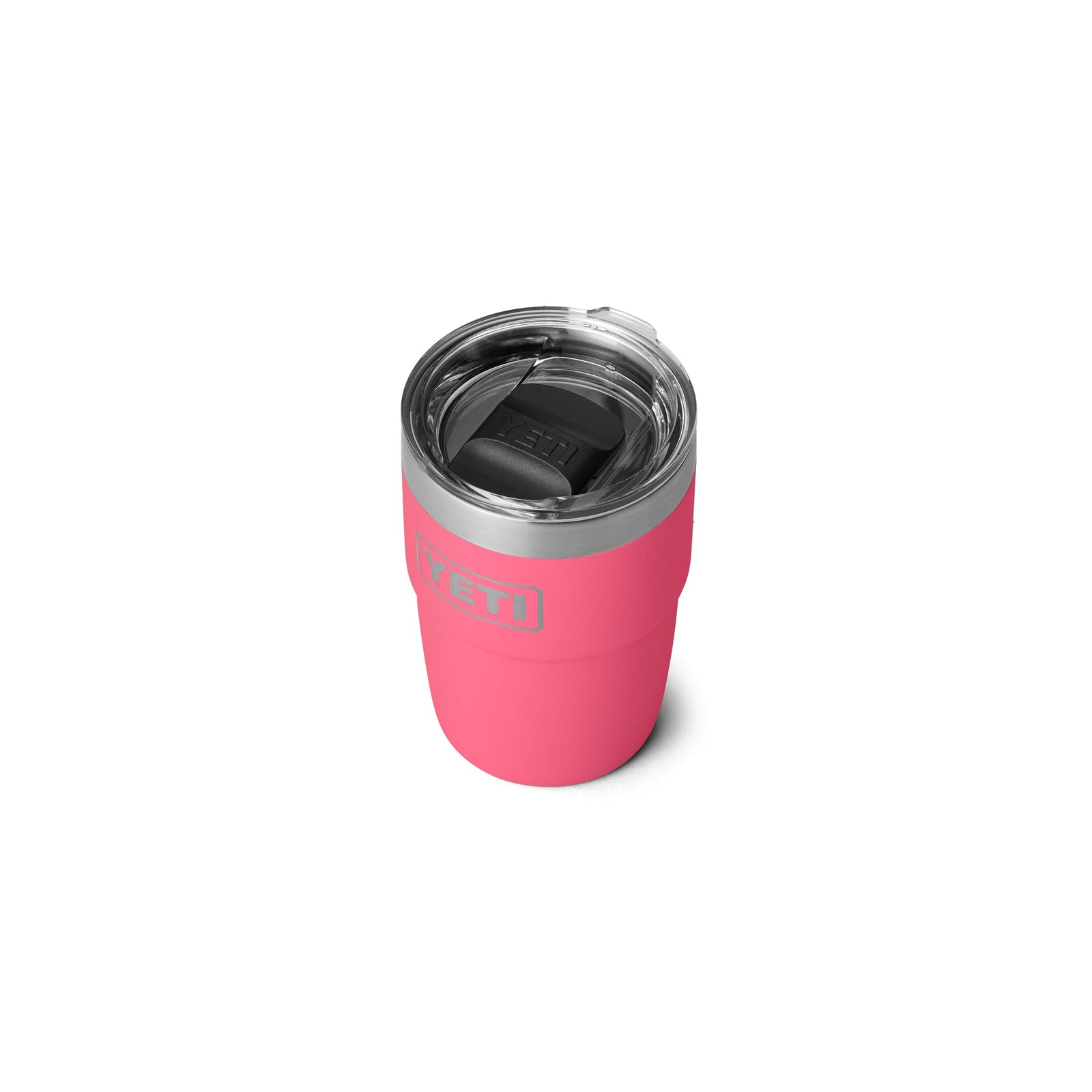 Ein YETI® Stapelbarer Becher Rambler 8 Oz in Tropical Pink, aus Edelstahl mit Vakuumisolierung, klarem Kunststoffdeckel und schwarzem Schiebverschluss, präsentiert auf weißem Hintergrund.