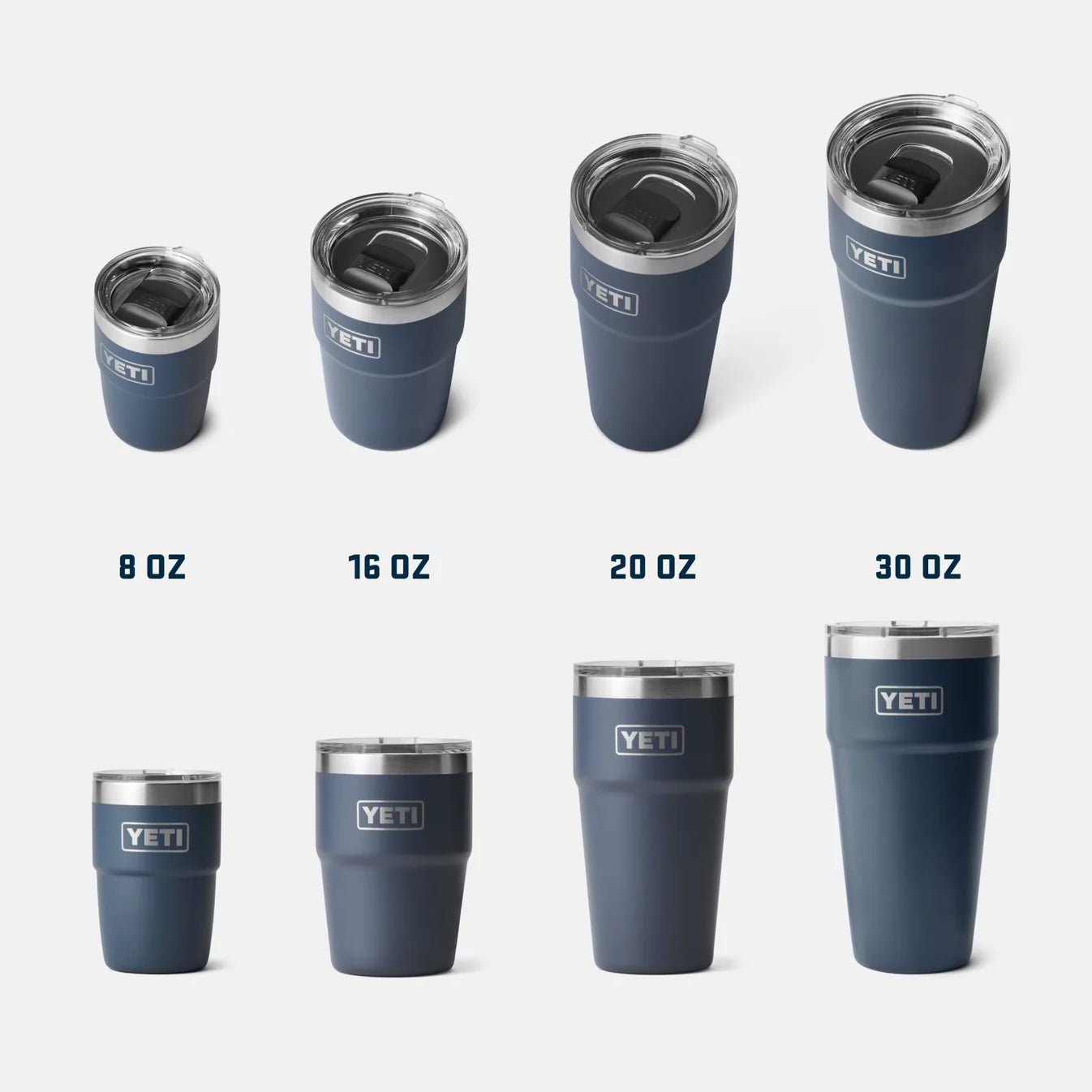 Vier YETI® Stapelbare Becher Rambler, darunter der 8 Oz in Tropical Pink, sind in aufsteigenden Größen (8 oz, 16 oz, 20 oz, 30 oz) mit transparenten Deckeln abgebildet. Jeder ist unten mit seinem Fassungsvermögen markiert.
