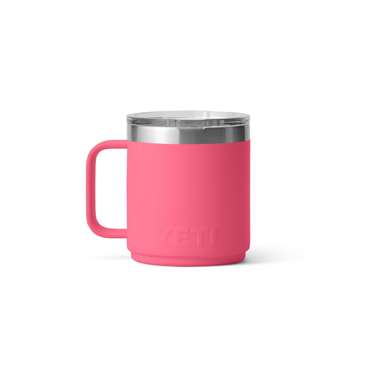 Der YETI® Tasse Rambler 10 Oz in Tropical Pink aus Edelstahl mit Henkel und durchsichtigem Deckel wird vor einem weißen Hintergrund dargestellt.