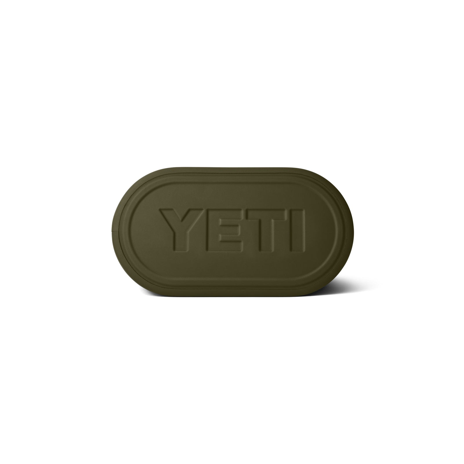 Die YETI® Tragetasche Camino® Carryall 35 in Olive hat ein schlankes, ovales Design mit geprägtem YETI-Logo, ideal als wasserdichte Tragetasche oder Outdoor-Allzwecktasche, hier auf weißem Hintergrund.