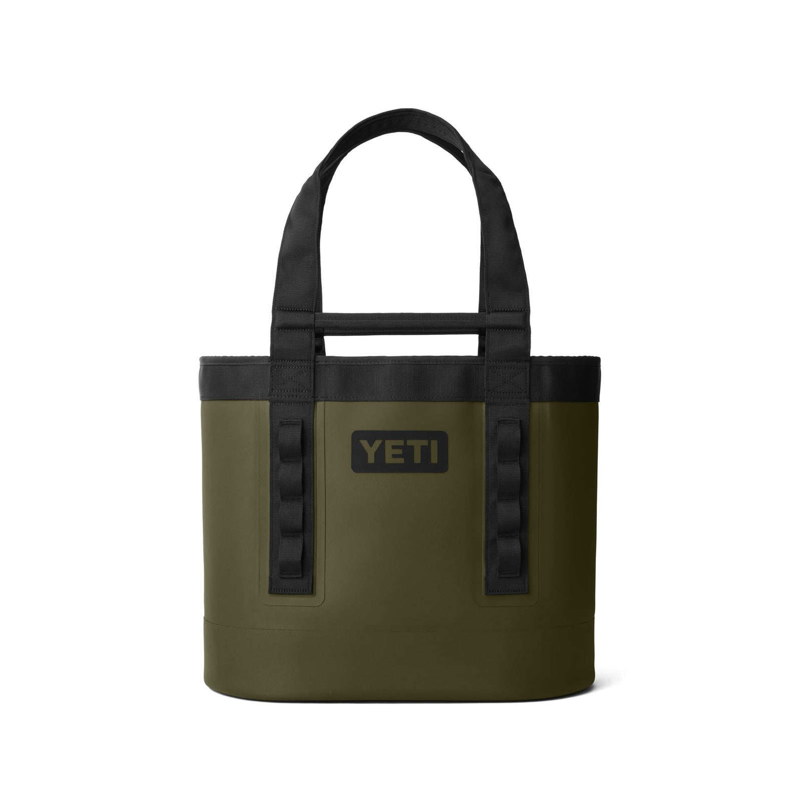 Die YETI® Tragetasche Camino® Carryall 35 - Olive ist eine robuste, rechteckige Outdoor-Allzwecktasche mit schwarzen Griffen, Riemendetails und dem kultigen YETI-Logo - ideal als wasserdichte Tragetasche für jedes Abenteuer.