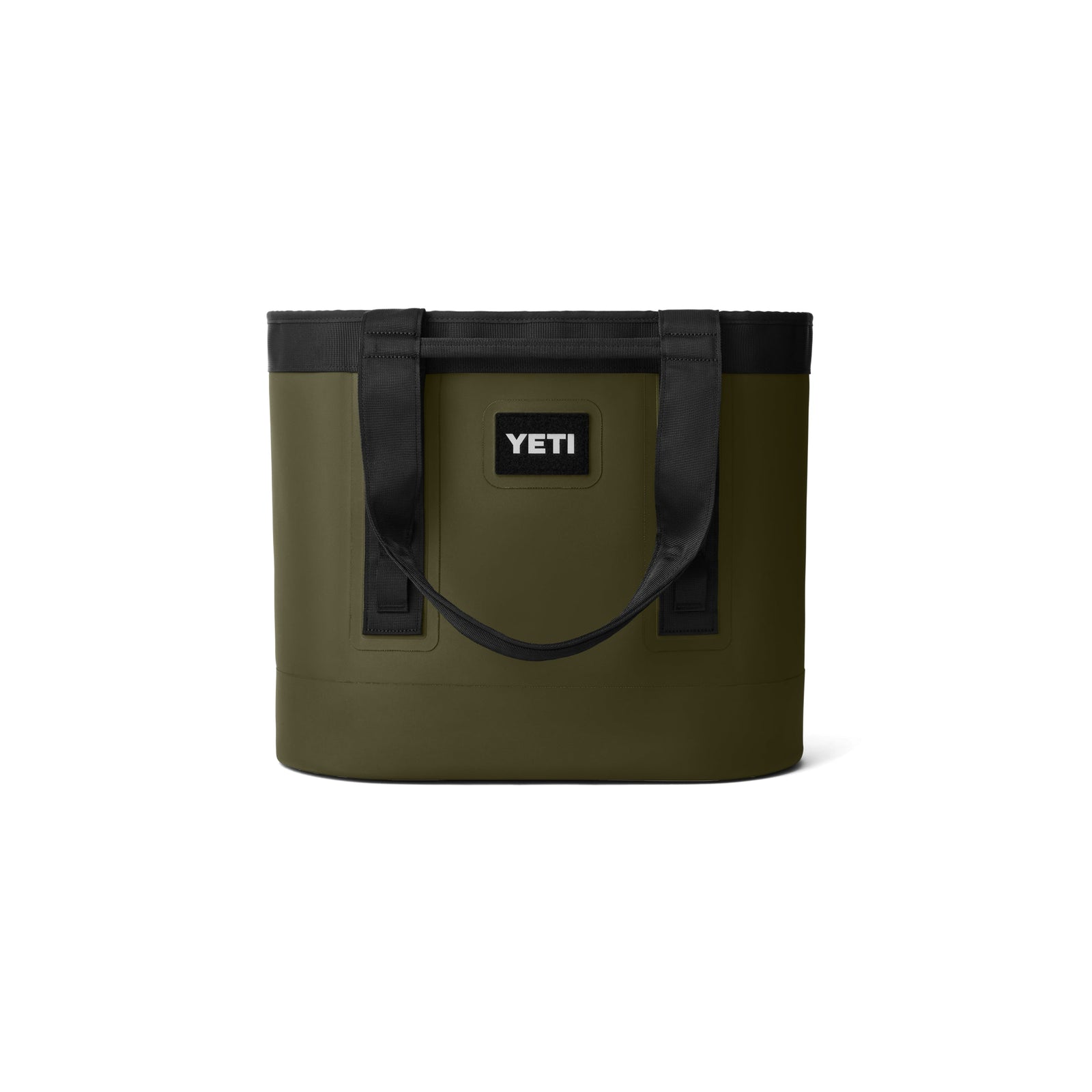 Die YETI® Tragetasche Camino® Carryall 35 - Olive ist eine grün-schwarze, wasserdichte Tragetasche mit zwei Griffen, einer rechteckigen Form und dem YETI-Logo auf der Vorderseite, das auf weißem Hintergrund dargestellt ist.