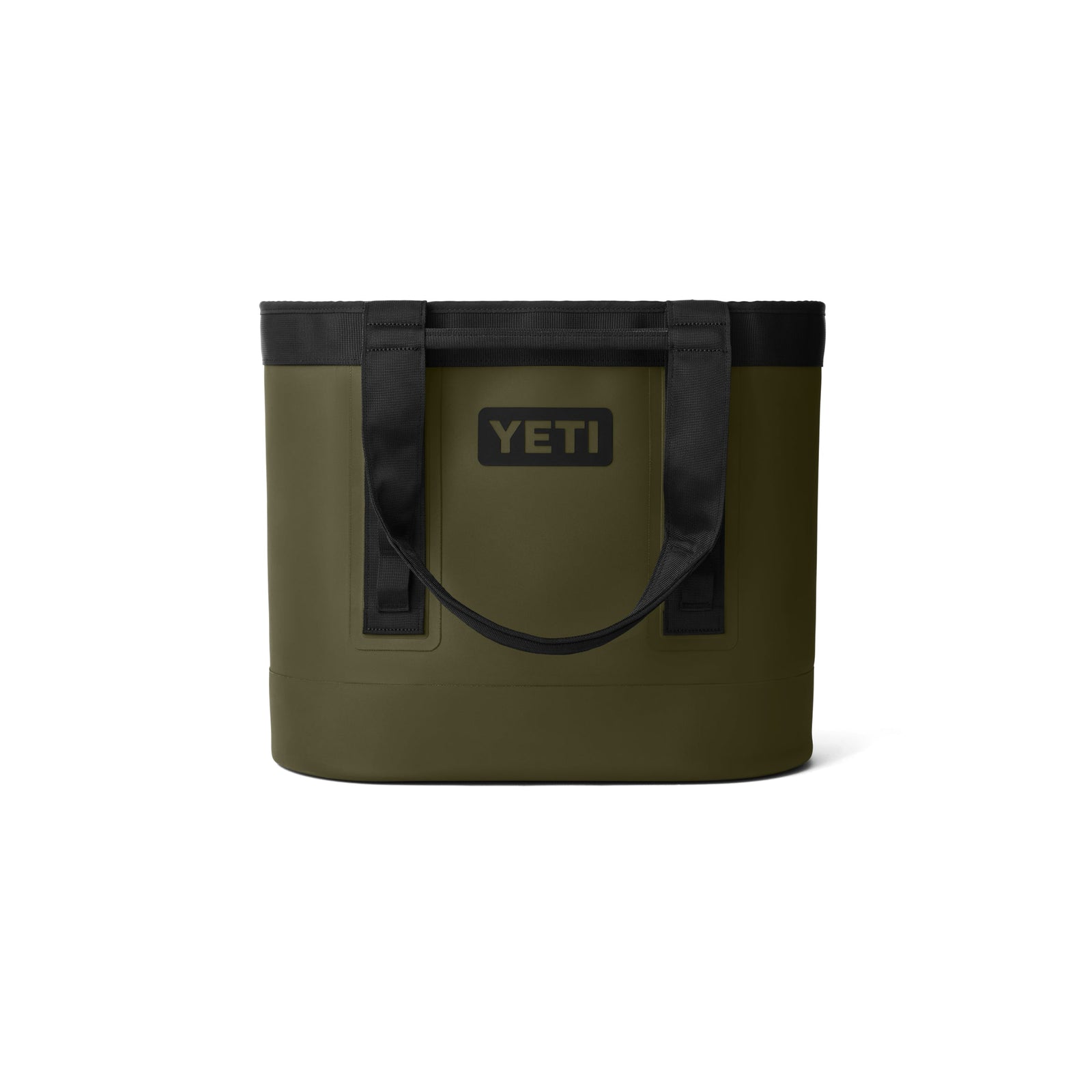 Die YETI® Tragetasche Camino® Carryall 35 - Olive verfügt über schwarze Griffe und ein schwarzes YETI-Logo auf der Vorderseite, das auf weißem Hintergrund abgebildet ist.