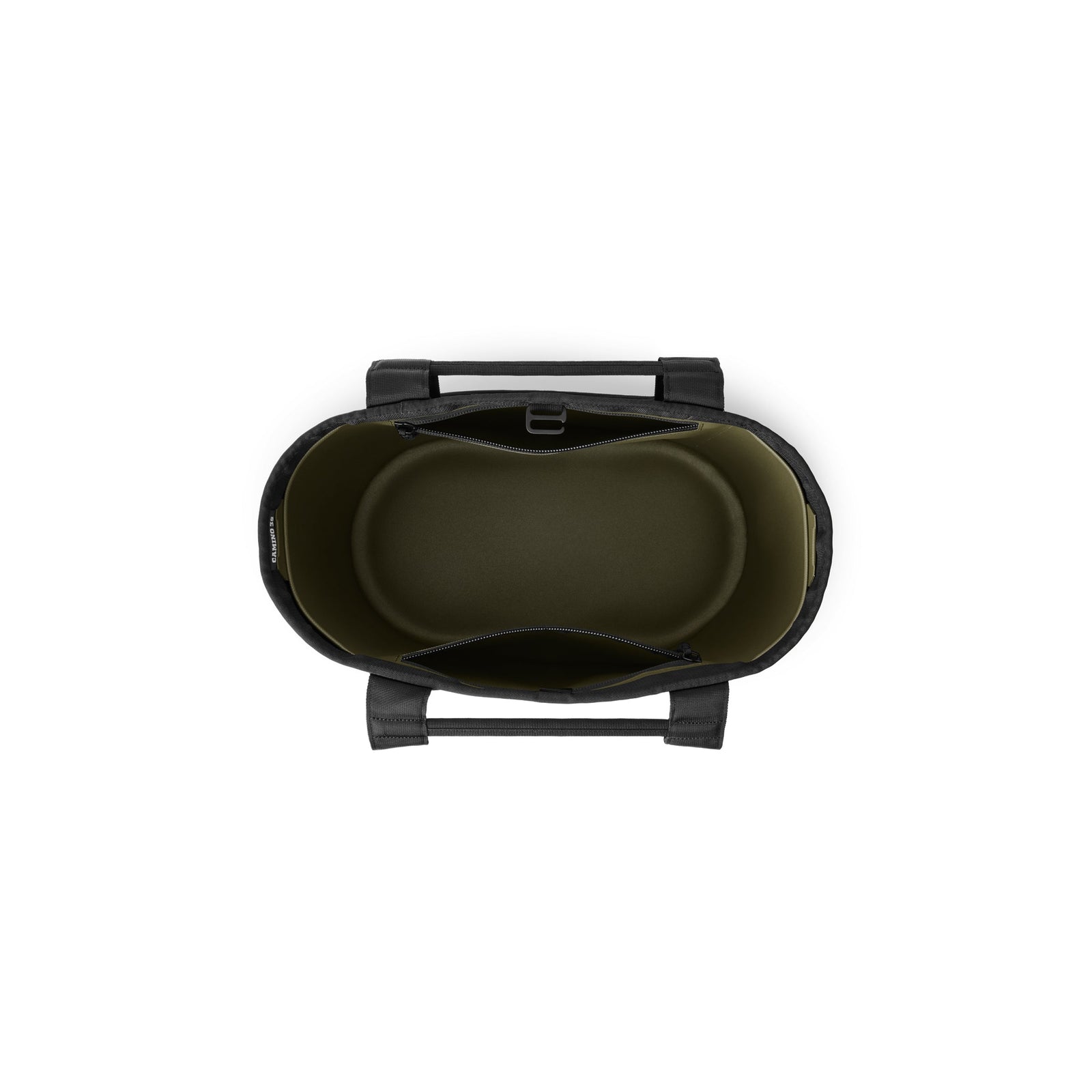 Draufsicht auf die YETI® Tragetasche Camino® Carryall 35 - Olive, eine wasserdichte Tasche mit robusten Griffen, geräumigem, olivfarbenem Innenraum und einer Innentasche an einer Seite zur Organisation von wichtigen Dingen.