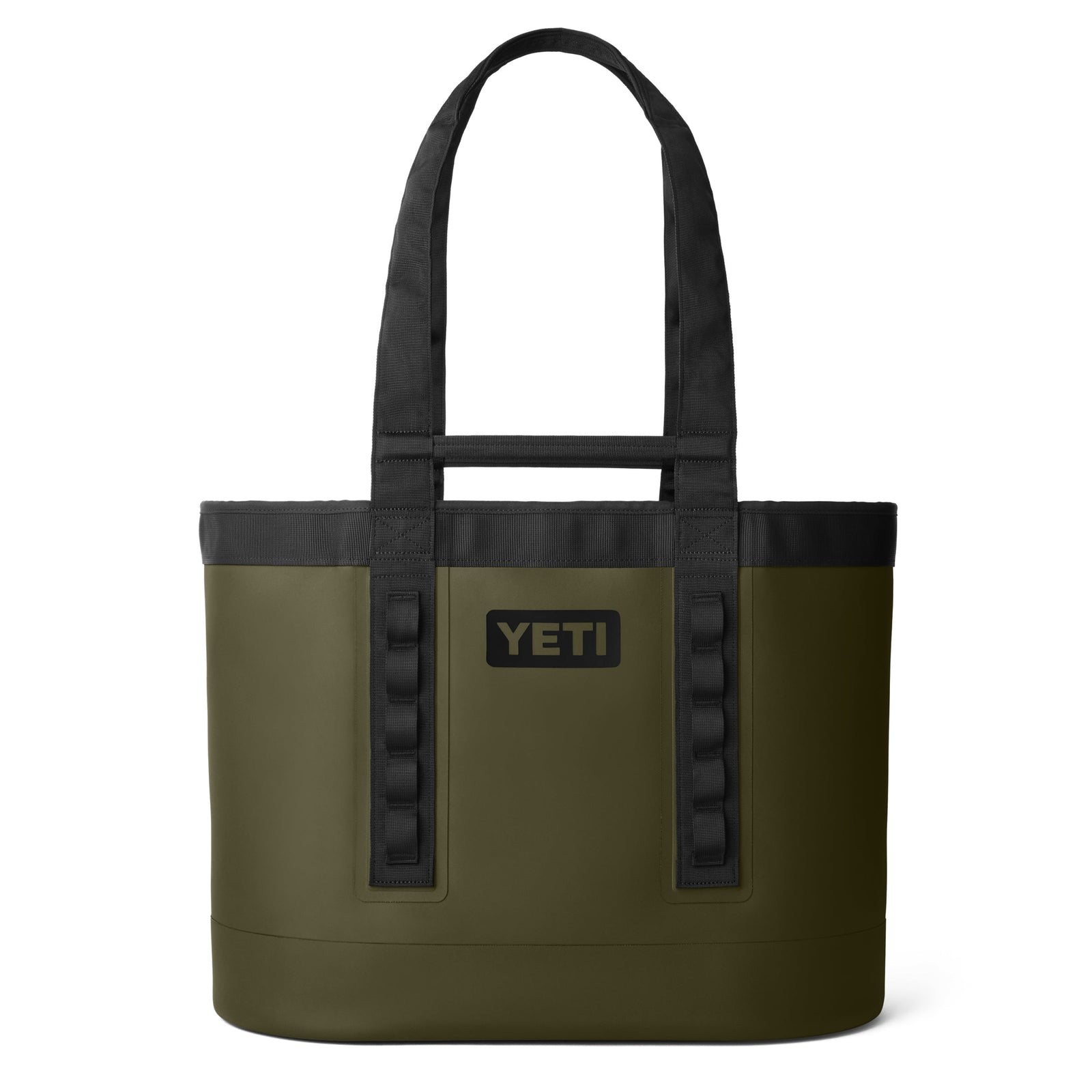 Die YETI® Tragetasche Camino® Carryall 50 - Olive ist eine wasserdichte Tasche in Olive mit schwarzen Griffen, Webbing-Akzenten, MOLLE-Schlaufen an den Seiten und YETI Logo-Patch auf der Front, präsentiert vor weißem Hintergrund.