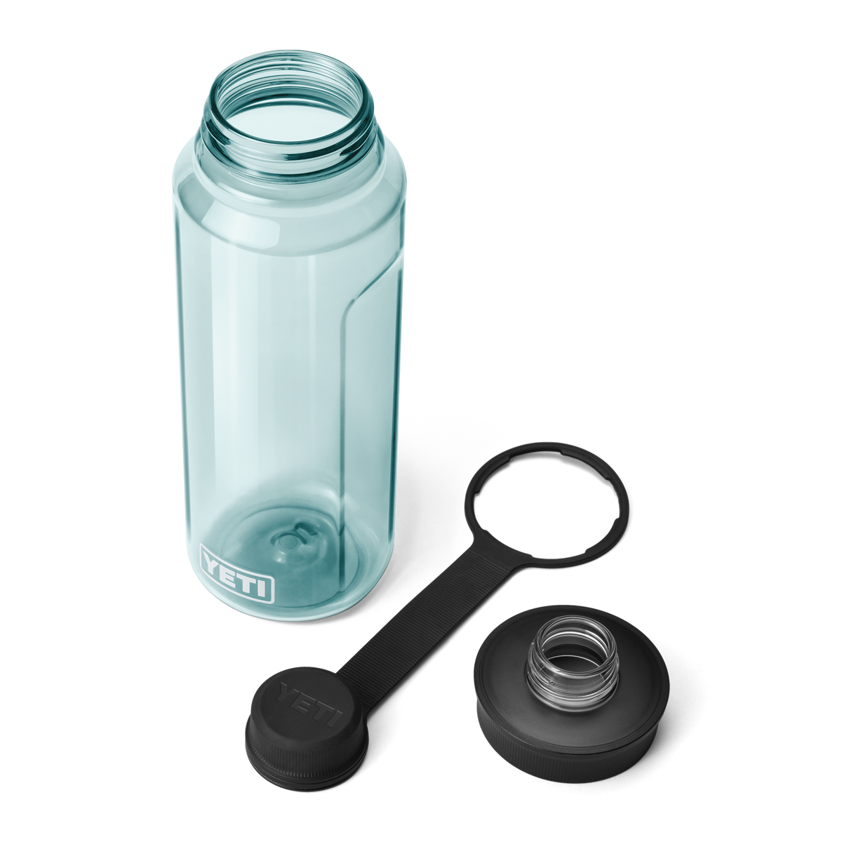 Die YETI® Yonder™ 1L Wasserflasche in Seafoam, BPA-frei, verfügt über eine breite Mundöffnung und ist mit einem schwarzen Schraubdeckel und Tragegriff auf weißem Hintergrund abgebildet.