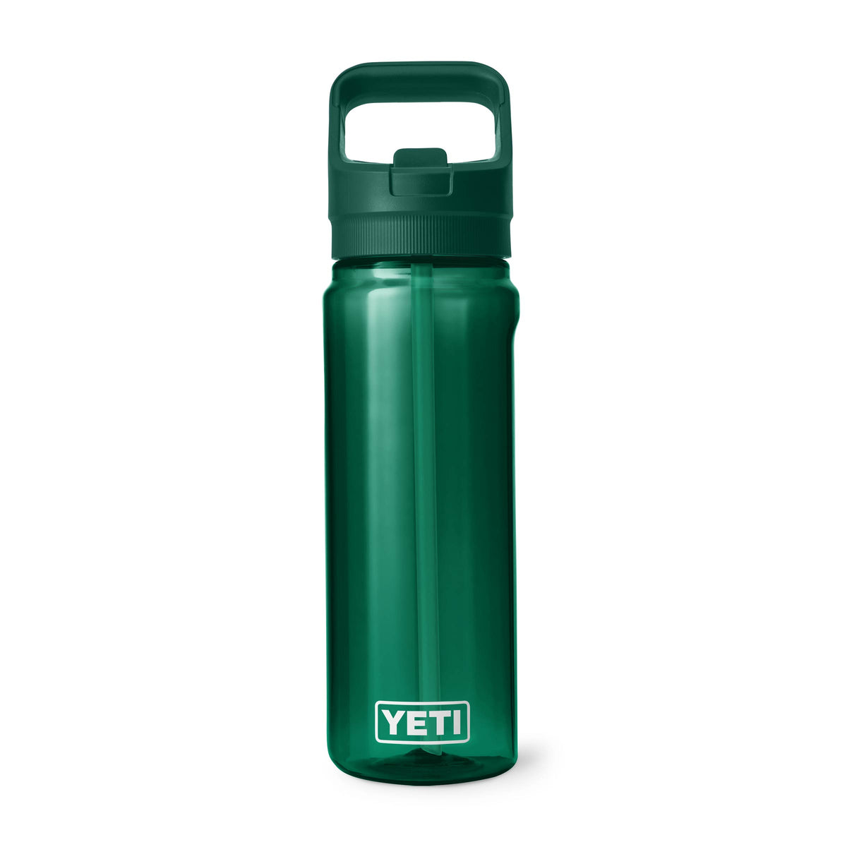 Die YETI® Yonder™ 750ml Straw Wasserflasche in Black Forest Green steht aufrecht vor weißem Hintergrund. Das YETI-Logo ist am unteren Rand sichtbar - die nachhaltige Flasche mit praktischem Strohhalm, ideal für unterwegs.