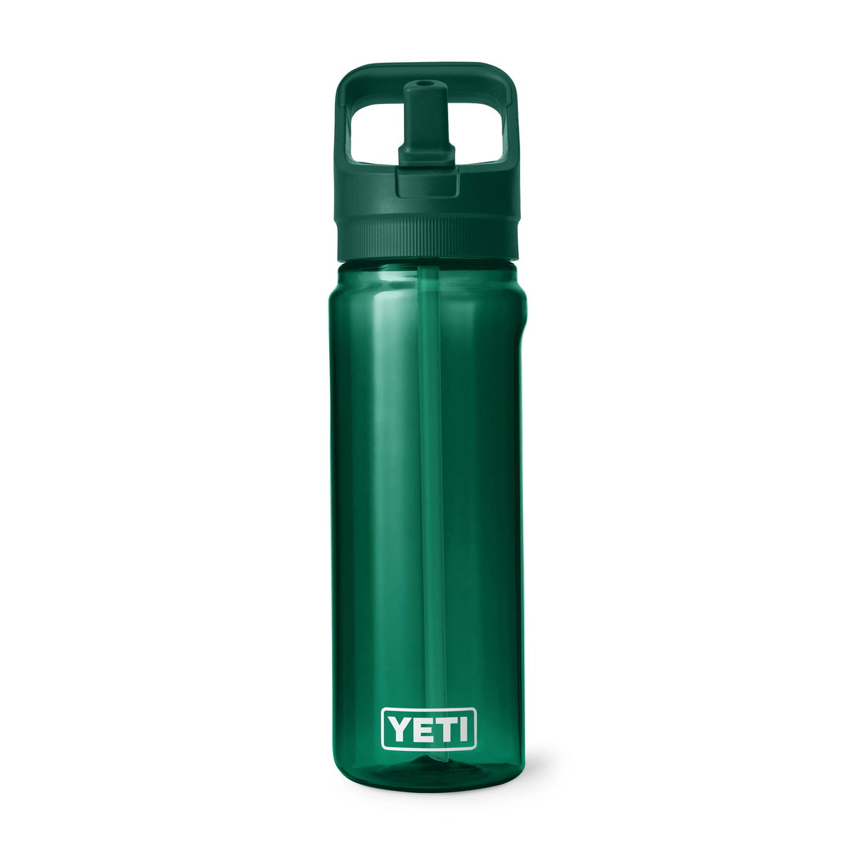 Die YETI® Yonder™ 750ml Strohhalm-Wasserflasche in Schwarzwaldgrün steht aufrecht vor einem weißen Hintergrund und verfügt über einen Schraubdeckel, einen integrierten Griff und einen Strohhalm - eine nachhaltige Trinkflasche, die ideal für die tägliche Flüssigkeitszufuhr ist.