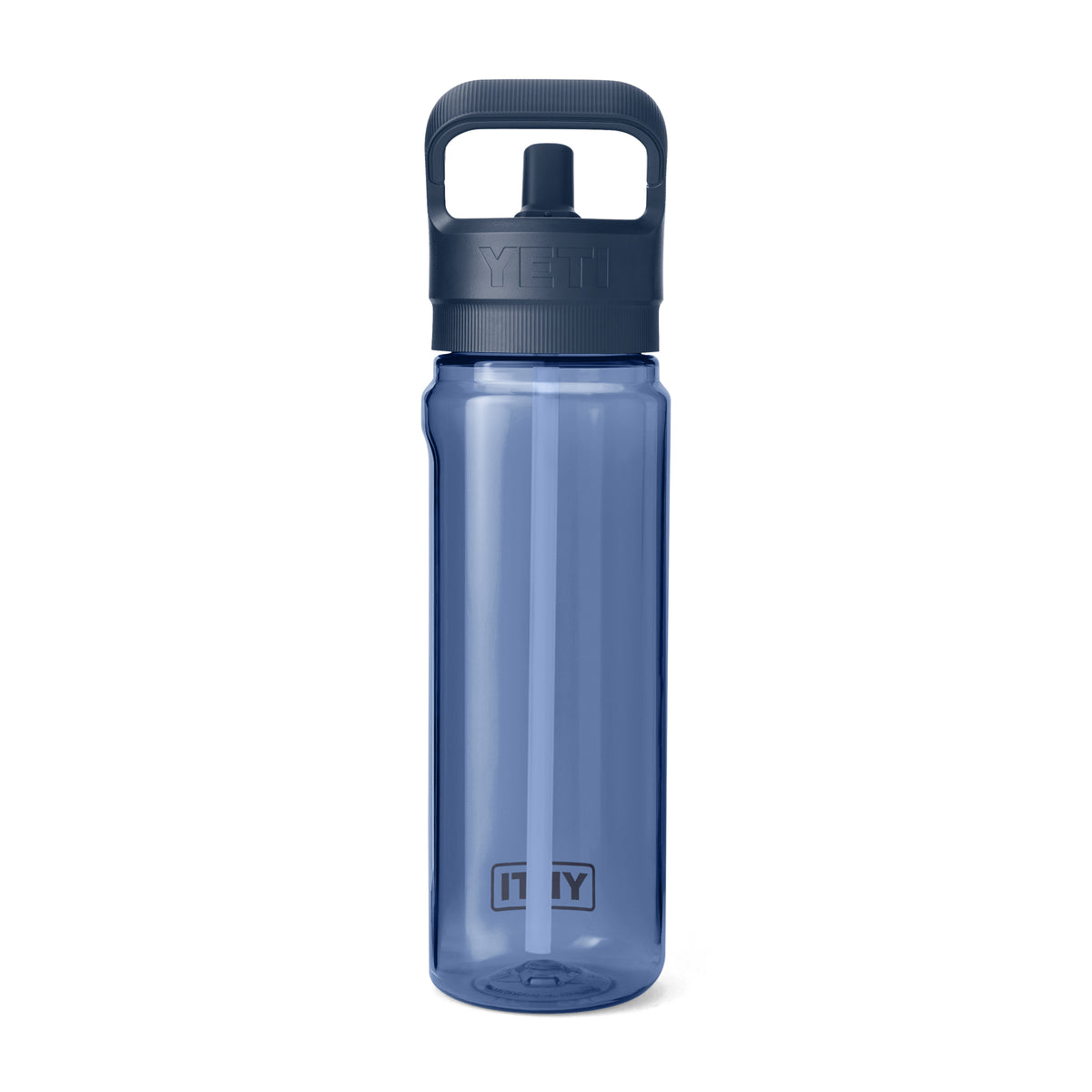 Die YETI® Yonder™ 750ml Straw Wasserflasche in Navy steht aufrecht vor weißem Hintergrund. Das weiße YETI Logo ist klar auf Flasche und Deckel sichtbar. Die BPA-freie Flasche hat einen auslaufsicheren Schraubdeckel mit integriertem Tragegriff.