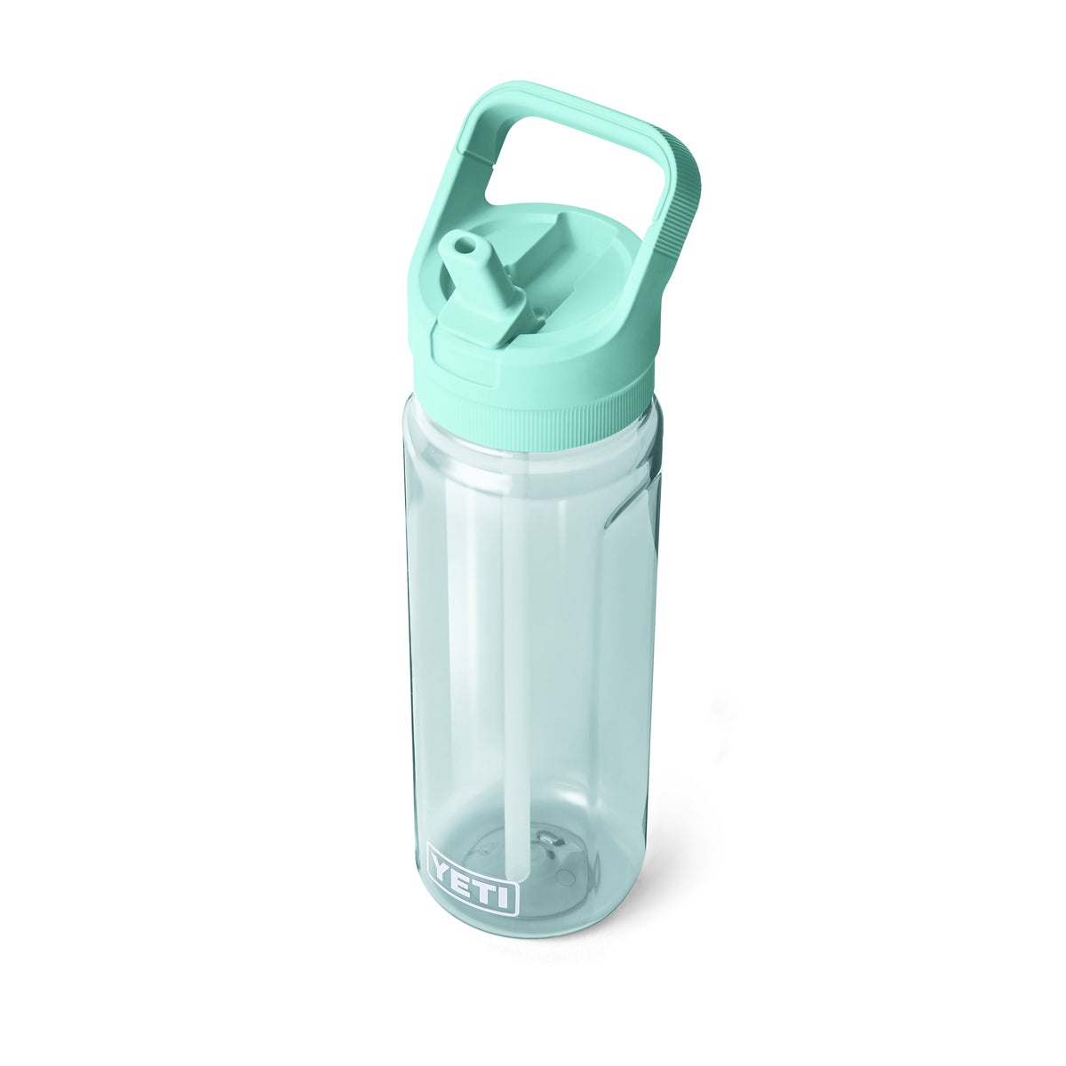 Die YETI® Yonder™ 750ml Straw Wasserflasche in Seafoam steht aufrecht vor weißem Hintergrund. Sie besteht aus BPA-freiem, klarem Kunststoff und hat einen tealfarbenen Flip-Top-Deckel mit integriertem Trinkhalm.