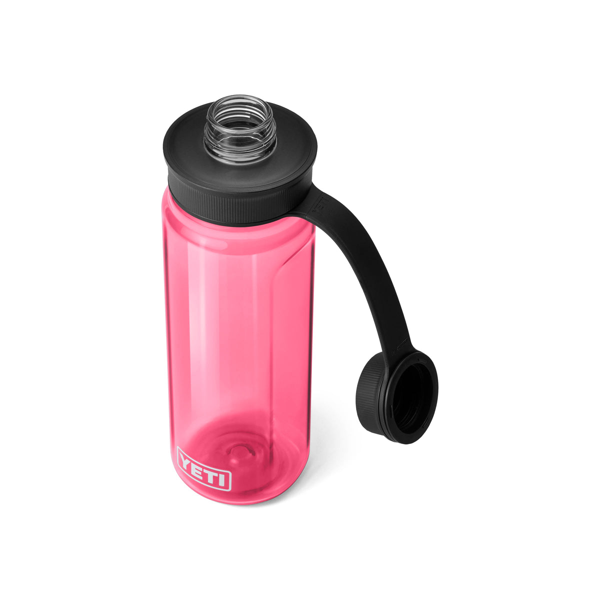 YETI® Yonder™ 750ml Wasserflasche in Tropical Pink, BPA-frei, mit schwarzem Tragegriff und offenem Deckel, vor weißem Hintergrund.