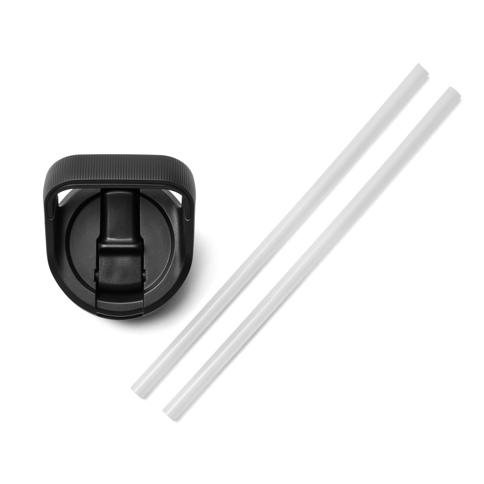 Ein YETI® Yonder™ Strohhalm-Verschluss mit Griff ist neben zwei geraden YETI-Strohhalm-Deckeln abgebildet, alle auf weißem Hintergrund.