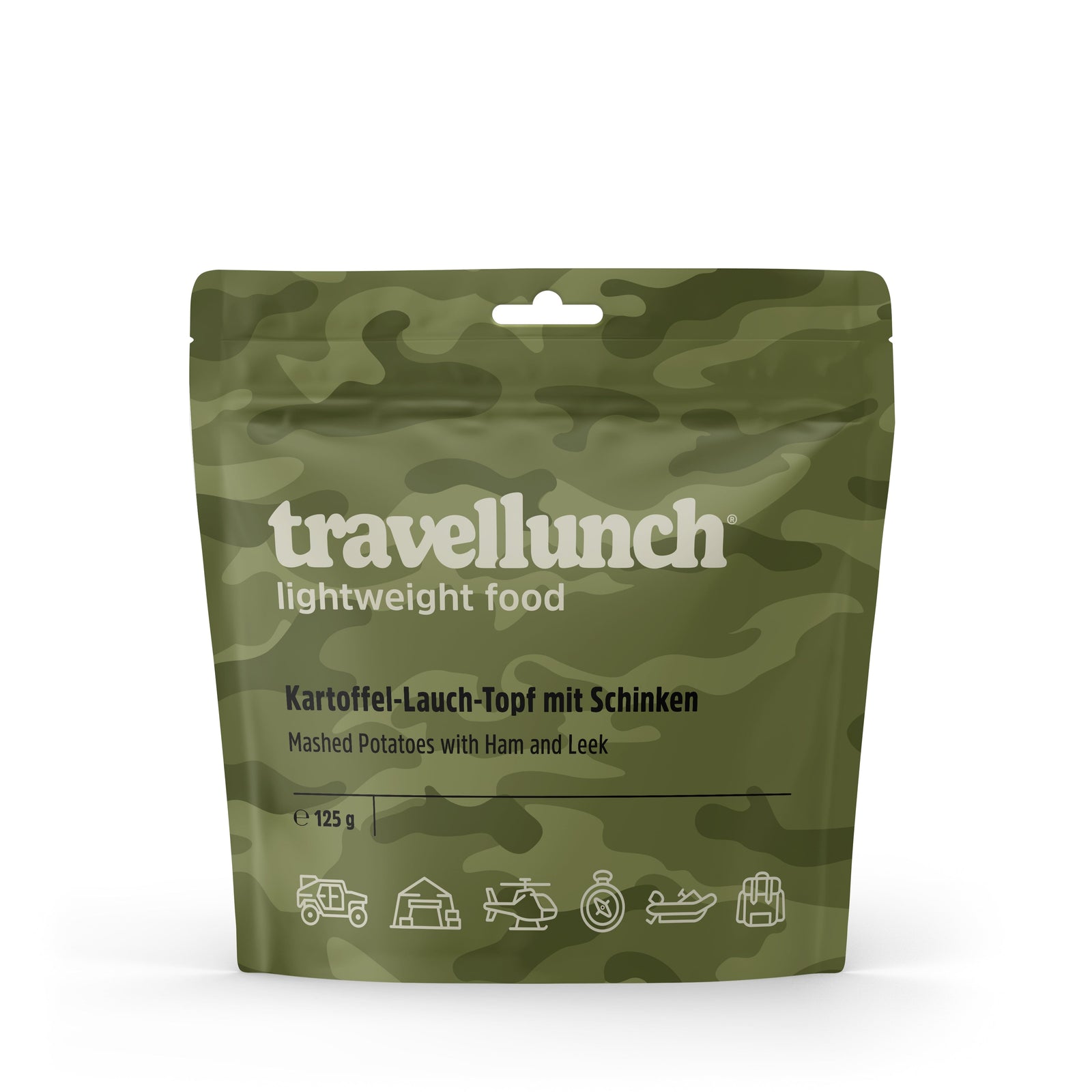 Der TRAVELLUNCH® travellunch® Kartoffel-Lauch-Topf mit Schinken im grünen Camouflage-Beutel (125g) enthält Kartoffelpüree mit Schinken und Lauch. Ideale Trekkingnahrung mit Symbolen zum Wandern, Radfahren, Kajakfahren und Camping.
