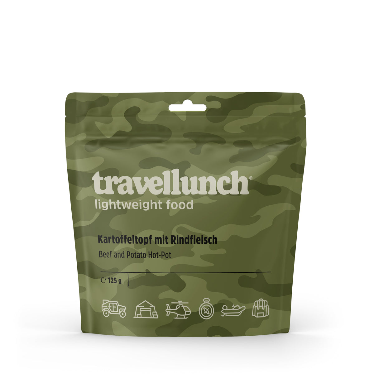 Ein grün getarnter 125g-Beutel von TRAVELLUNCH® mit der Aufschrift travellunch® Kartoffeltopf mit Rindfleisch zeigt am Boden Symbole für Outdoor-Aktivitäten.